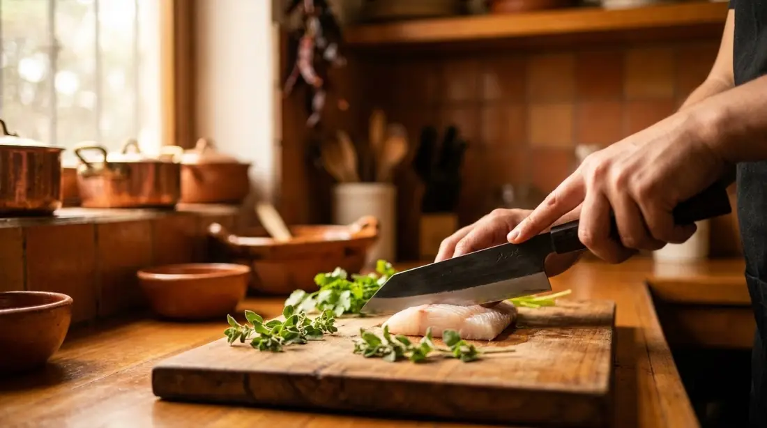 Cuchillo bunka cortando pescado con precisión sobre una tabla