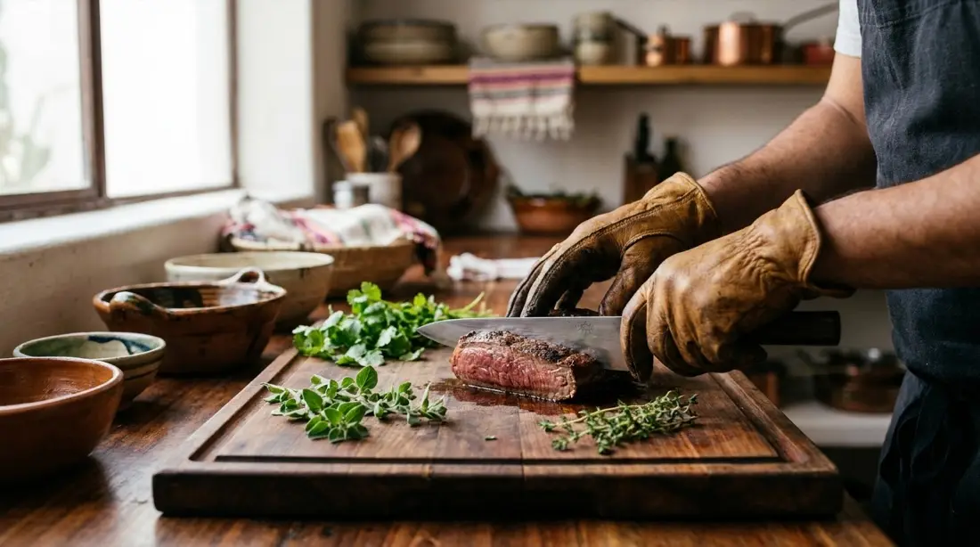 Cuchillo gyuto japonés rebanando carne sobre una tabla de madera