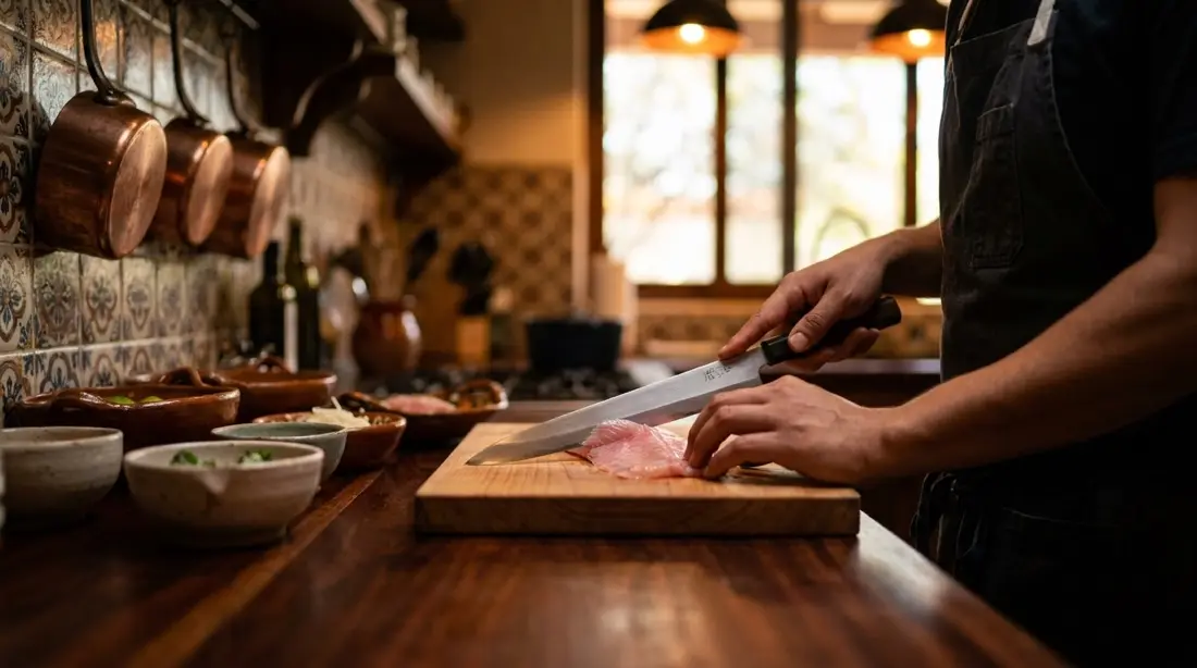 Cuchillo kiritsuke haciendo un corte fino de pescado en la cocina