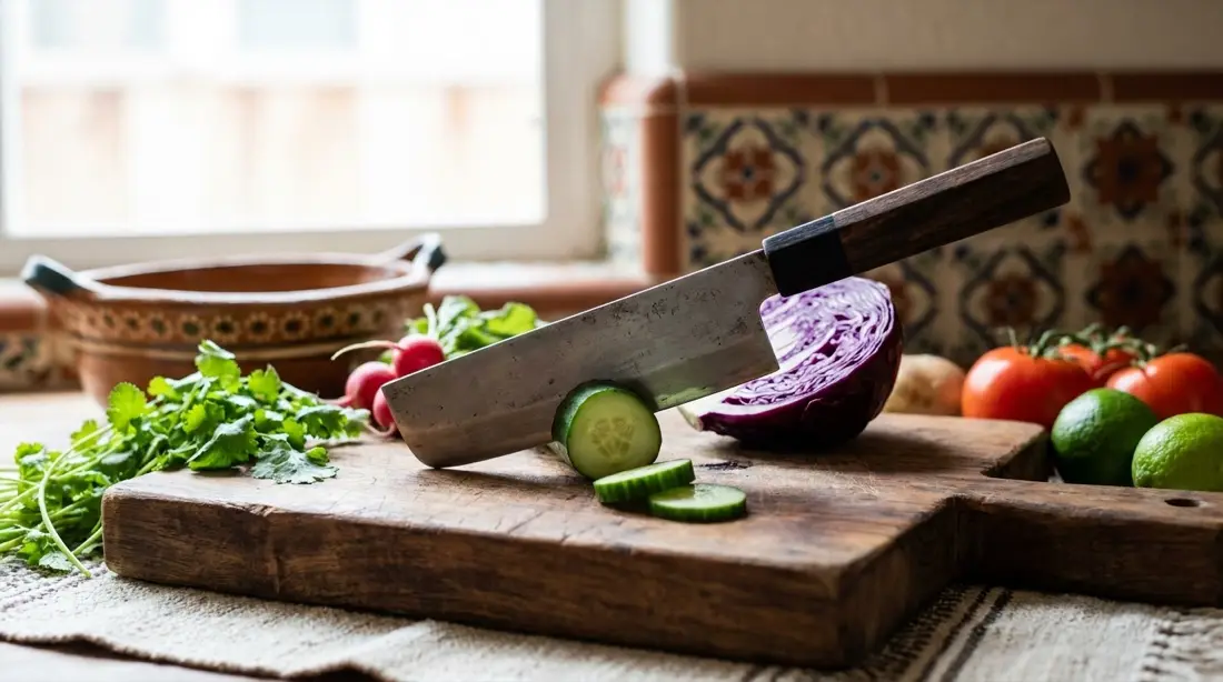 Cuchillo nakiri de hoja recta junto a verduras recién rebanadas