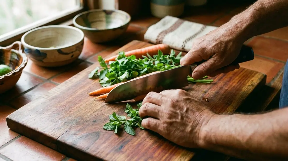 Cuchillo santoku picando verduras frescas en una tabla de madera